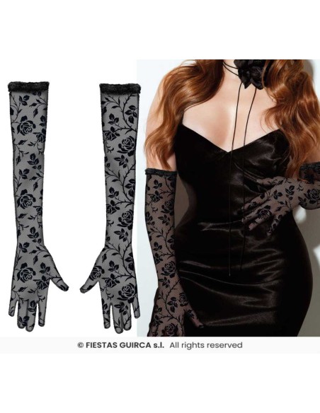 Guantes calado flores negro   38 cm