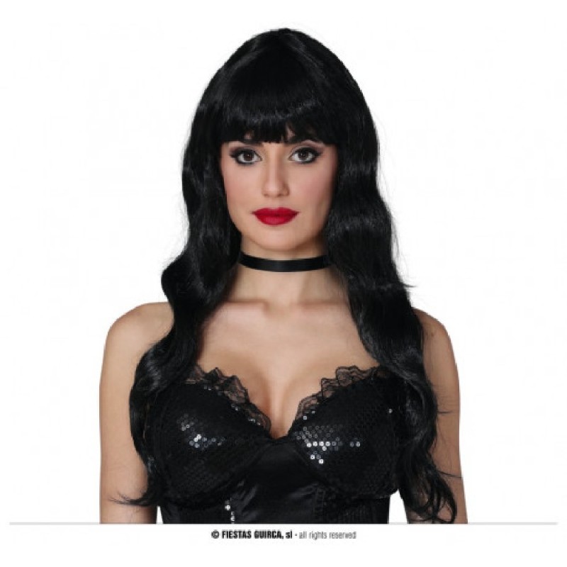 PELUCA MELENA RIZOS NEGRA CON FLEQUILLO