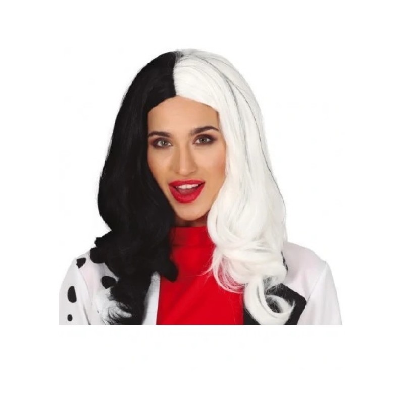 PELUCA LARGA CRUELLA DE VIL BLANCA-NEGRA