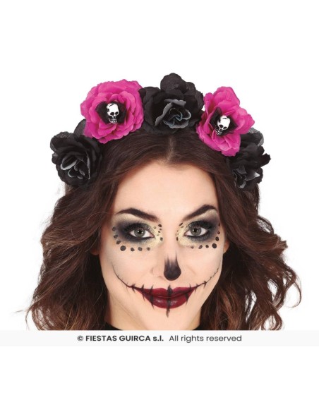 Diadema catrina flores negras   y rosas