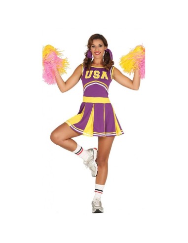 DISFRAZ ANIMADORA CHEERLADER MORADO Y AM