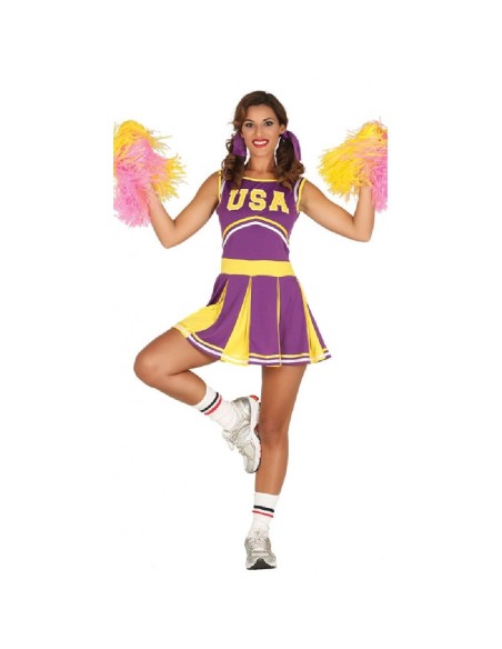 DISFRAZ ANIMADORA CHEERLADER MORADO Y AM
