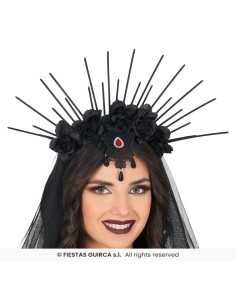 DIADEMA CON VELO Y FLORES NEGRAS