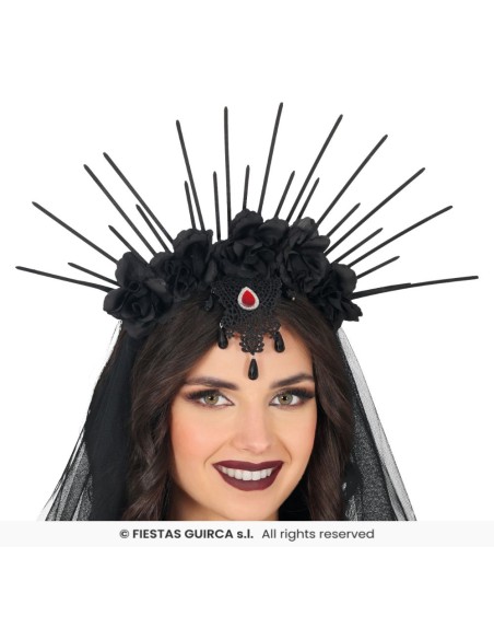 DIADEMA CON VELO Y FLORES NEGRAS