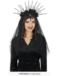 DIADEMA CON VELO Y FLORES NEGRAS 2