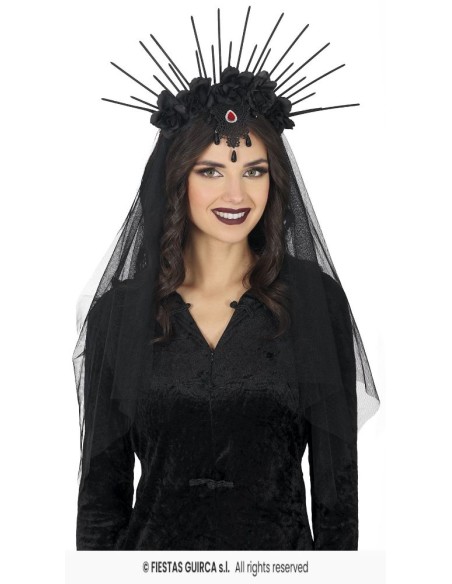 DIADEMA CON VELO Y FLORES NEGRAS
