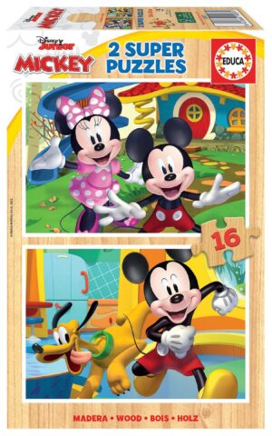 Puzzle 2x16 Mickey & Minnie, 2 Puzzles de Madera 16 Piezas Cada uno