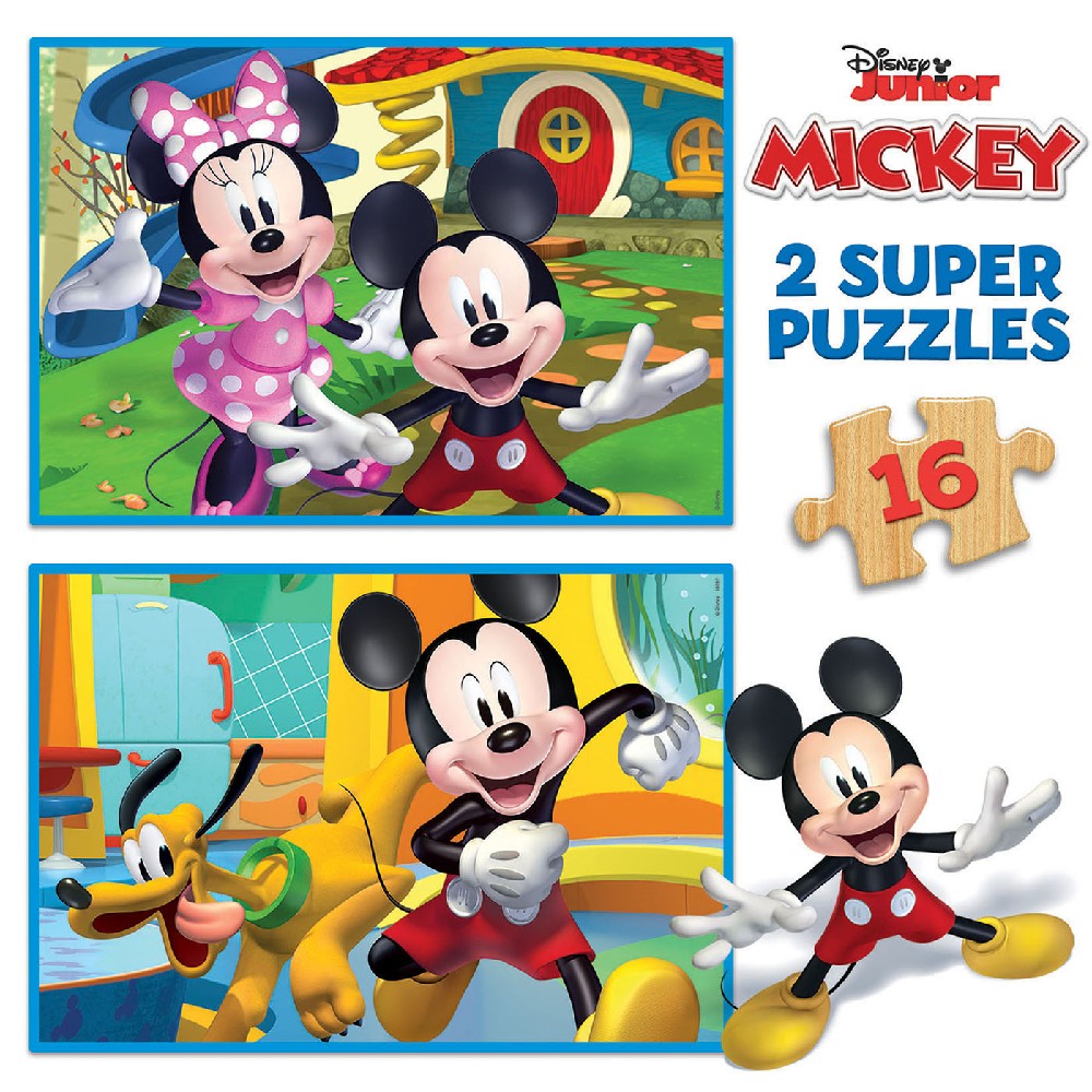 Puzzle 2x16 Mickey & Minnie, 2 Puzzles de Madera 16 Piezas Cada uno - Imagen 2