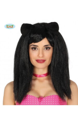 PELUCA MELENA NEGRA CON OREJAS EN CAJA.