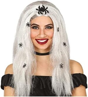 PELUCA MELENA GRIS  CON ARAÑAS EN CAJA
