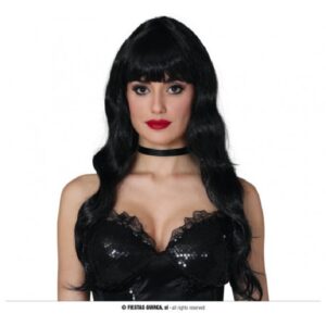 PELUCA MELENA RIZOS NEGRA CON FLEQUILLO