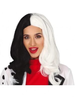 PELUCA LARGA CRUELLA DE VIL BLANCA-NEGRA CRUELA