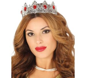 TIARA PLATEADA CON PIEDRAS ROJAS DE REINA