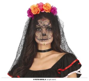 DIADEMA FLORES LILA/NARANJA CON VELO