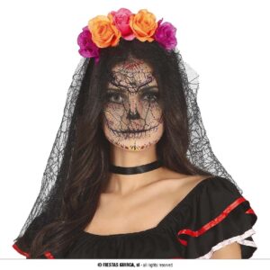 DIADEMA FLORES LILA/NARANJA CON VELO