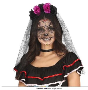 DIADEMA FLORES LILA/NEGRAS CON VELO