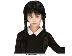 PELUCA TRENZAS NEGRAS CON FLEQUILLO INFANTIL, CAJA