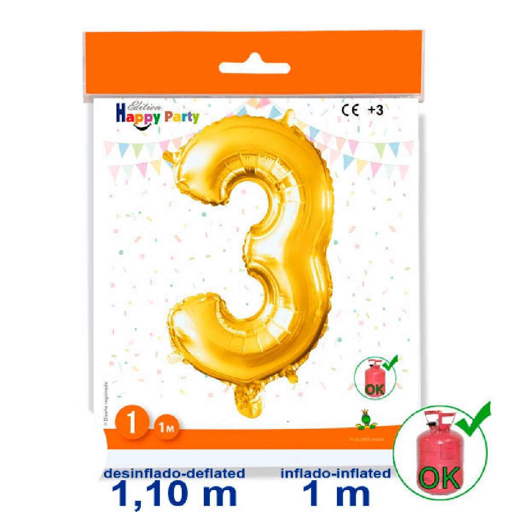 GLOBO GIGANTE NUMERO Nº 3 COLOR ORO (1M) APTO PARA HELIO