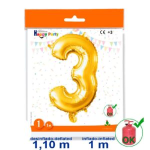 GLOBO GIGANTE NUMERO Nº 3 COLOR ORO (1M) APTO PARA HELIO