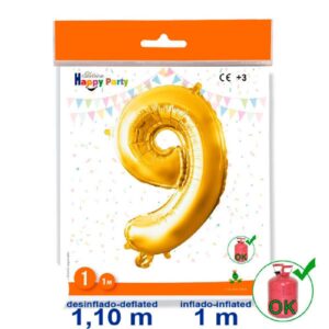 GLOBO GIGANTE NUMERO Nº 9 COLOR ORO (1M) APTO PARA HELIO