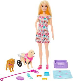 BARBIE MUÑECA RUBIA CON PERRO SILLA DE RUEDAS