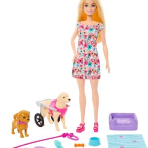 BARBIE MUÑECA RUBIA CON PERRO SILLA DE RUEDAS