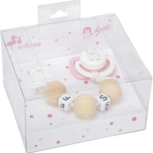 Set Chupete Rosa/Blanco C/Cadena De Bolas De Madera Y Pinza Blanca