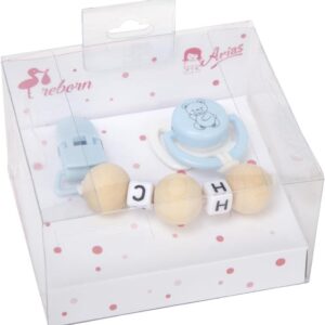 Set Chupete Azul/Blanco C/Cadena De Bolas De Madera Y Pinza Azul