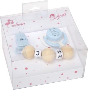 Set Chupete Azul/Blanco C/Cadena De Bolas De Madera Y Pinza Azul