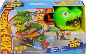 Hot Wheels City Conjunto de Juego T-Rex Batalla en Llamas con Coche Metálico Escala 1:64 y Dinosauri