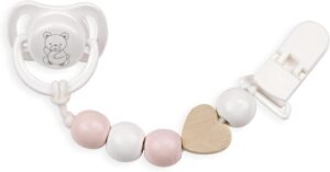 Set Chupete C/Cadena De Piezas De Madera Y Pinza Blanca