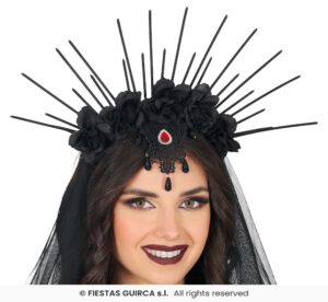DIADEMA CON VELO Y FLORES NEGRAS