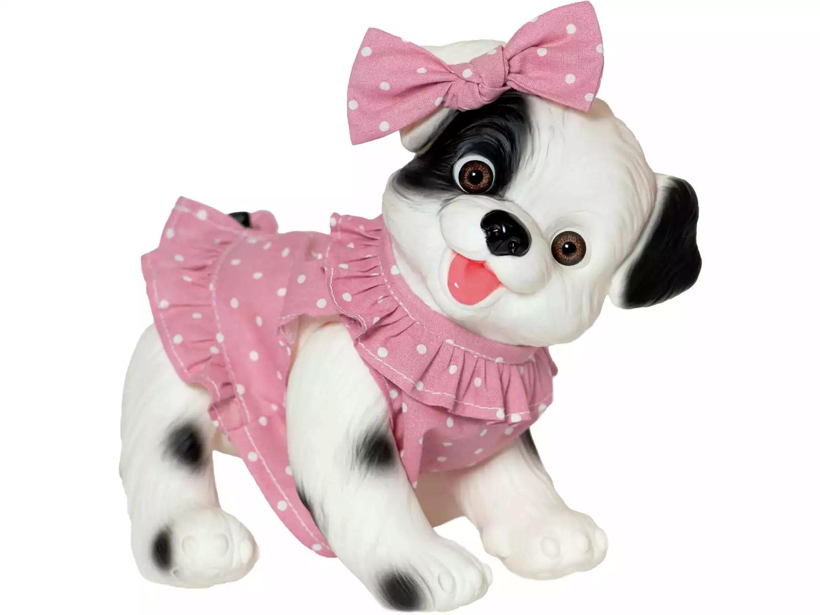 Muñeco Perrito Blanco y Negro de 23 cm con Vestido Rosa