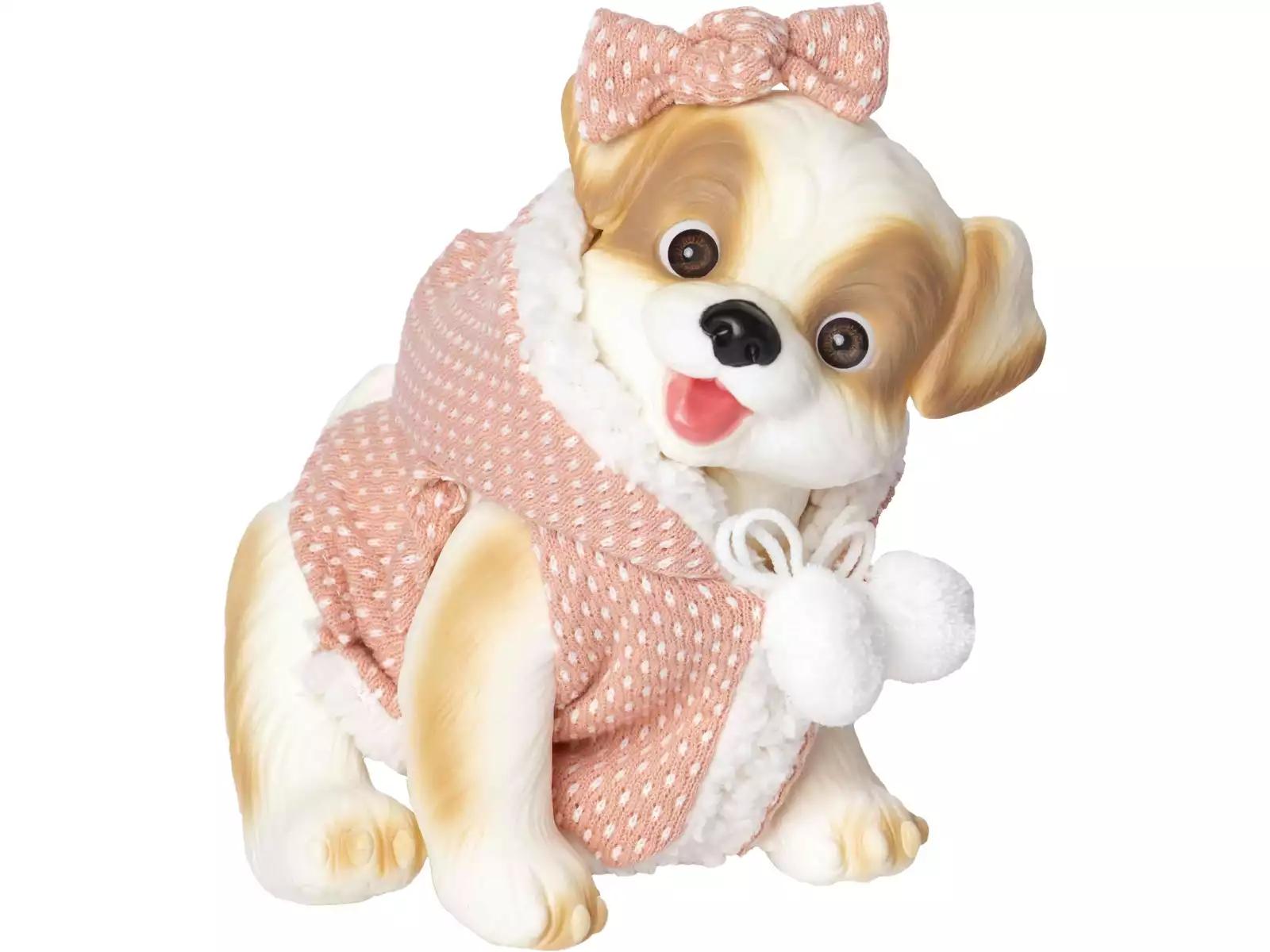 Muñeco Perrito Marrón y Beige de 23 cm con Abrigo Rosa