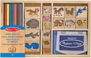 Juego de Sellos de Madera, Animales, 16 Sellos, 7 lápices y una Almohadilla de Tinta, Juguete Creati