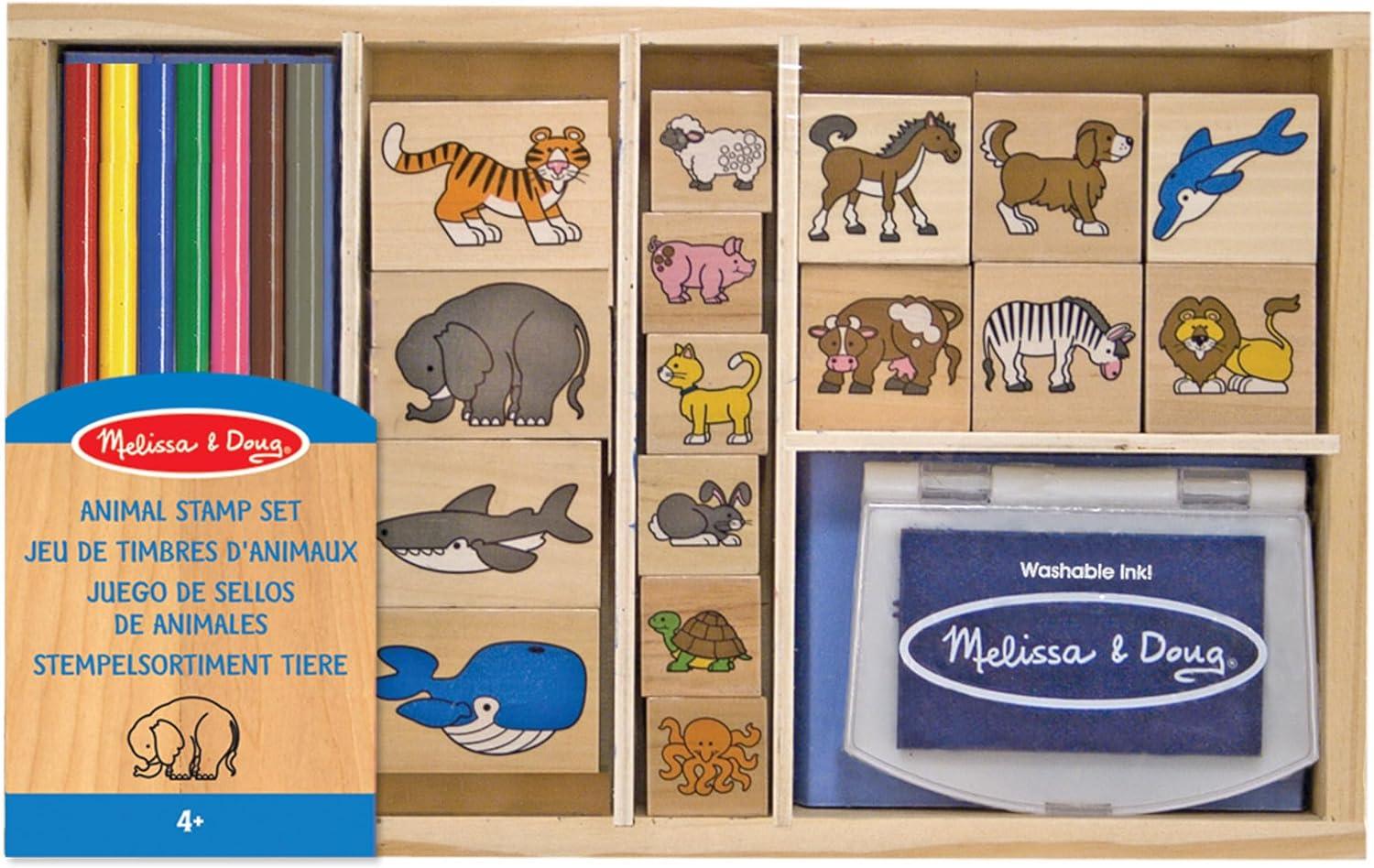 Juego de Sellos de Madera, Animales, 16 Sellos, 7 lápices y una Almohadilla de Tinta, Juguete Creati
