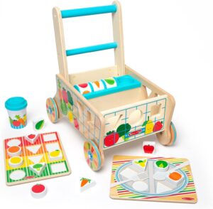 uguete de Carrito de la Compra de Madera para Empujar con clasificador de Formas y Puzzles (16 Pieza