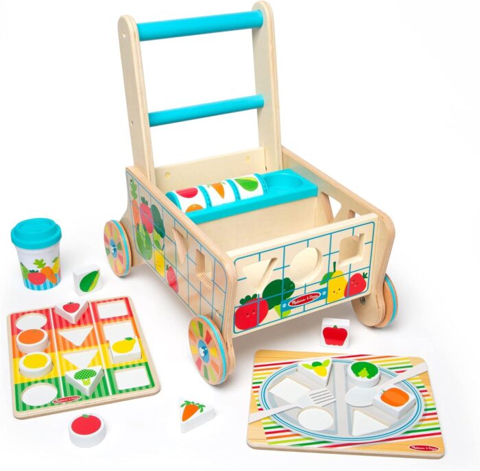 uguete de Carrito de la Compra de Madera para Empujar con clasificador de Formas y Puzzles (16 Pieza - Imagen 1
