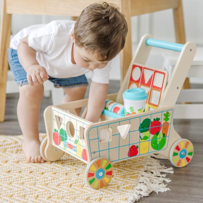 uguete de Carrito de la Compra de Madera para Empujar con clasificador de Formas y Puzzles (16 Pieza - Imagen 2