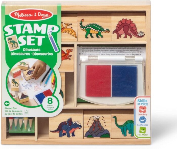 Juego de Sellos de Dinosaurios, Sellos Infantiles de Madera: Dinosaurios, Volcán + Tinta y Lápices d - Imagen 1