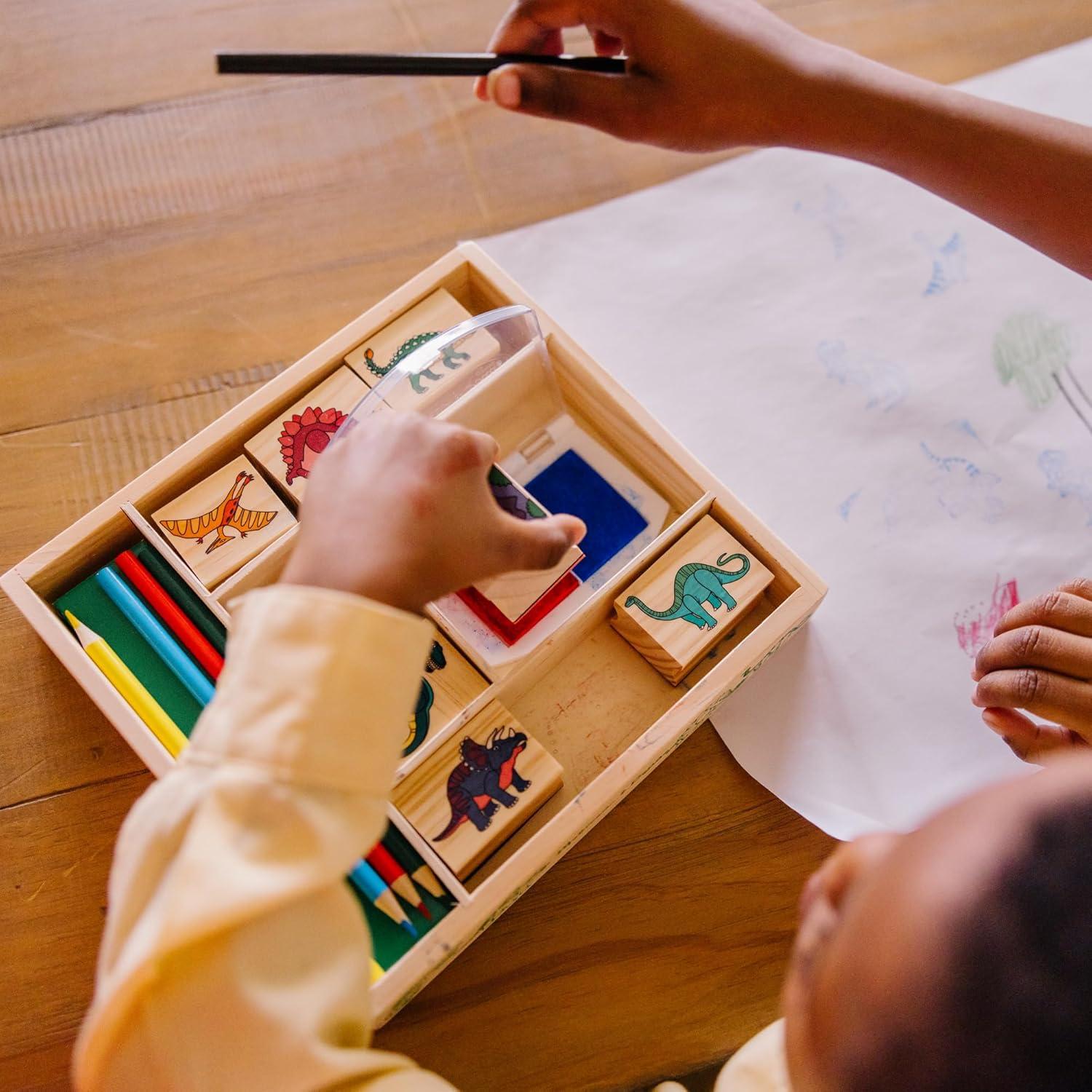 Juego de Sellos de Dinosaurios, Sellos Infantiles de Madera: Dinosaurios, Volcán + Tinta y Lápices d - Imagen 3