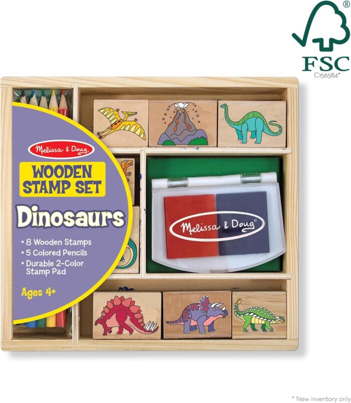 Juego de Sellos de Dinosaurios, Sellos Infantiles de Madera: Dinosaurios, Volcán + Tinta y Lápices d - Imagen 4