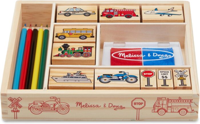 Juegos De Sellos De Vehiculos, 10 sellos, 5 lapices de colores, 2 tintas lavables - Imagen 1