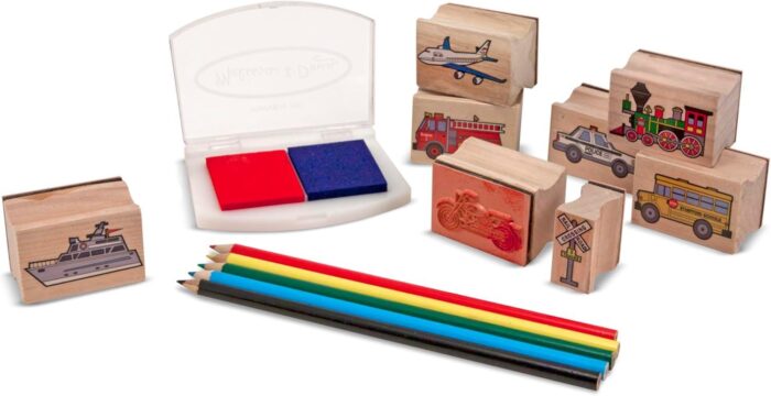 Juegos De Sellos De Vehiculos, 10 sellos, 5 lapices de colores, 2 tintas lavables - Imagen 3
