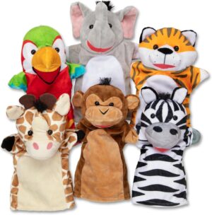 Marionetas de Mano Amigos del Safari: 6 Peluches de Mano de Jirafa, Elefante, Zebra, Mono, y Más,