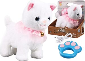 Gato Andador con Mando 20 cm para niñas y niños – Mascota interactiva de peluche blanco