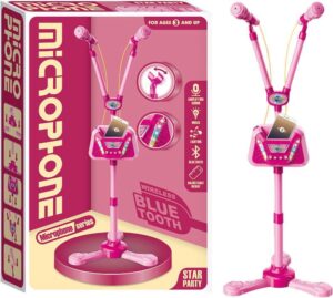 Microfono Rosa Doble con Bluetooth, Luz y Sonido – Altura Regulable