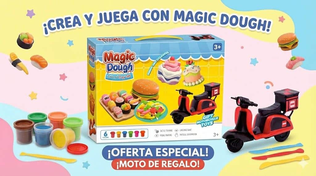 Magic Dough Take-Away – Set de Plastilina con Comida y Moto de Reparto
