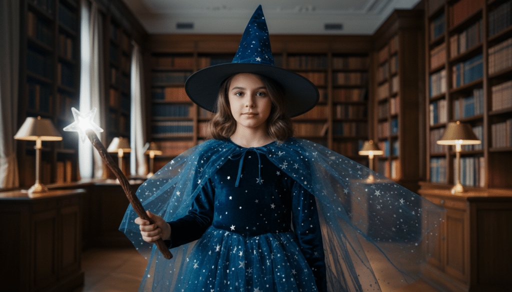 Niña disfrazada de bruja en Halloween